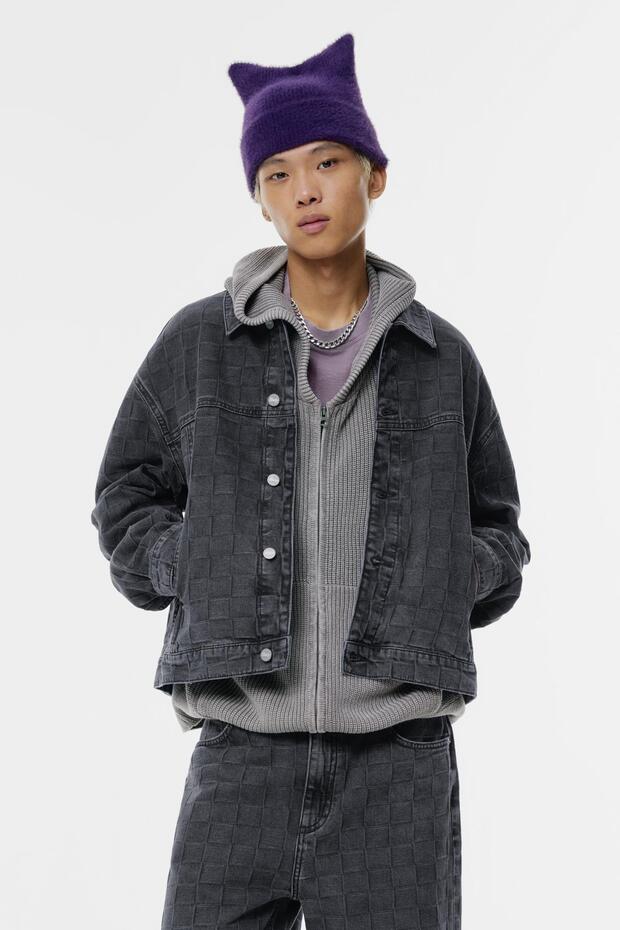 Ekose desenli denim ceket - 6