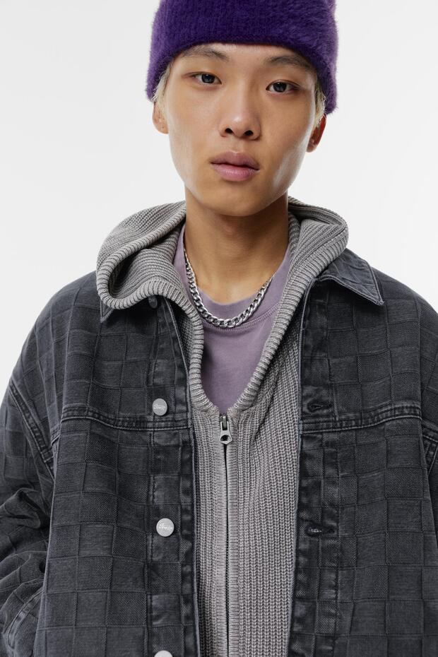 Ekose desenli denim ceket - 4