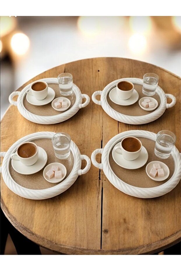 صينية تقديم القهوة والشاي والوجبات الخفيفة، صينية تقديم مستديرة من البلاستيك الأبيض بنمط شبكي - 4