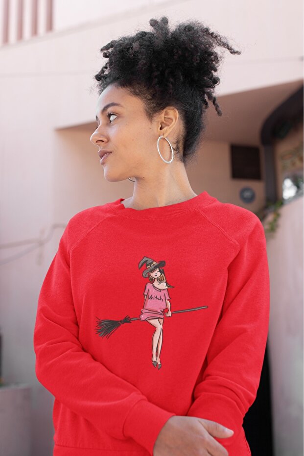 Colorful Printed Crew Neck Sweatshirt with Broom Detail
