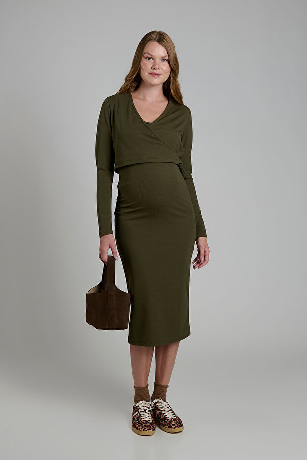 Mes712 Khaki Nursing Maternity Two-Piece Set – Comfortable and Stylish Maternity Dress & Short Cardigan Combination