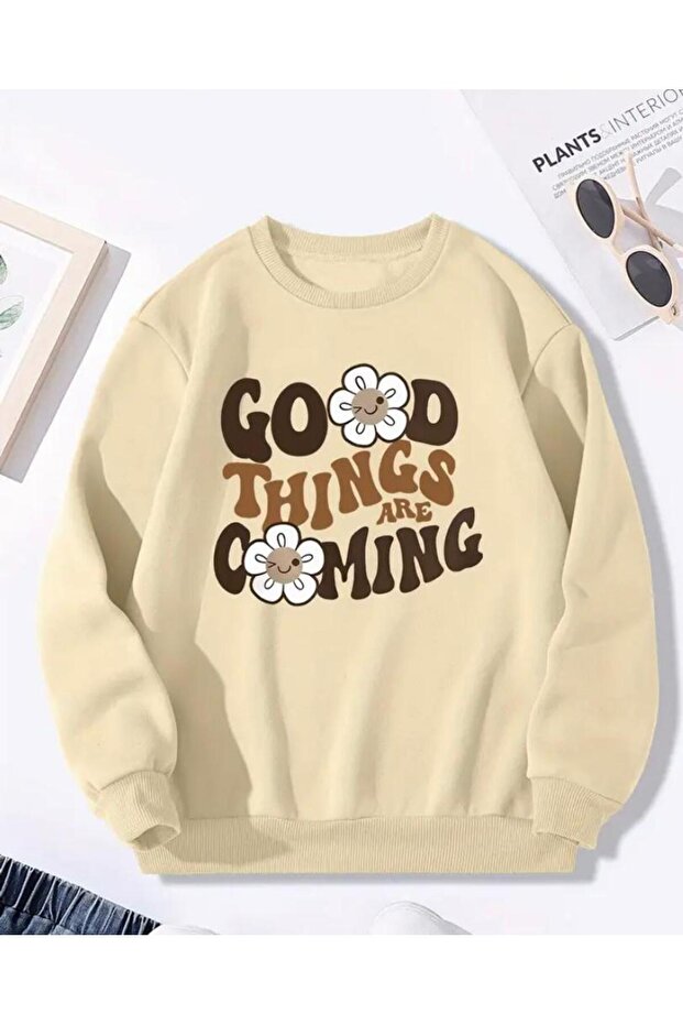 Good Think Detailed Crew Neck Sweatshirt with Fleece Inside