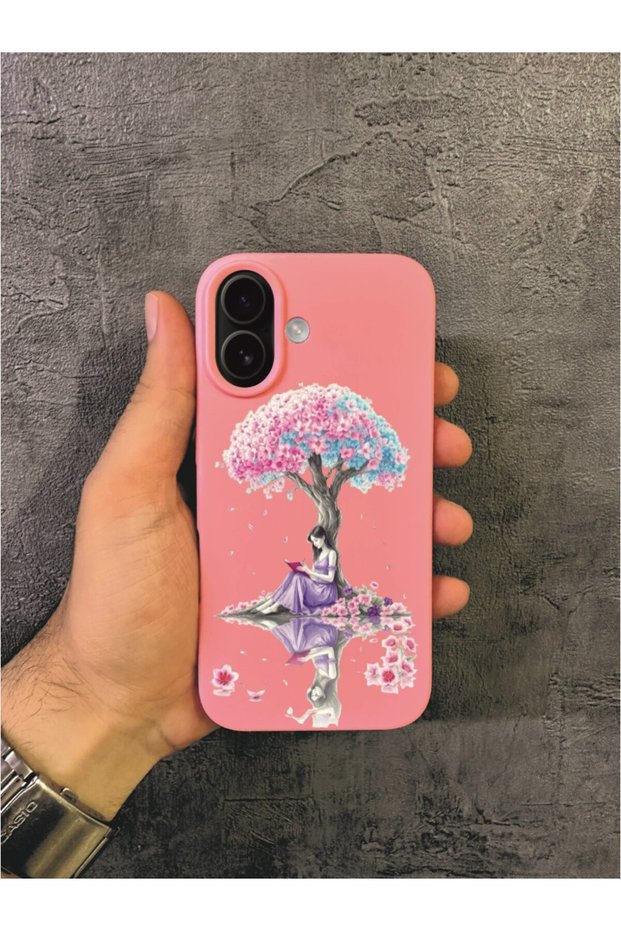 iPhone 17 Compatible Patterned Pink Case with Girl Reading a Book under a Tree