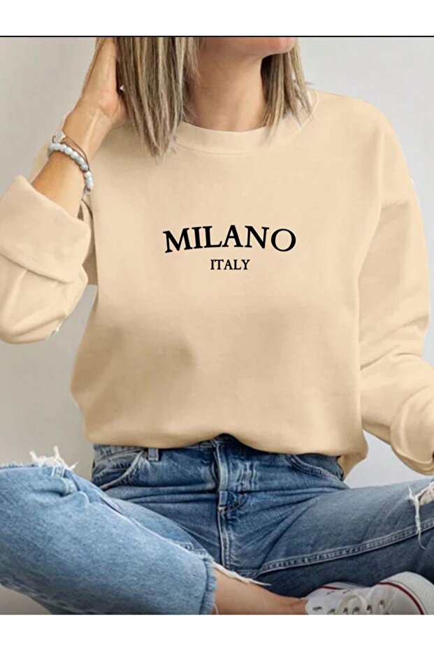 Milano Print Detailed Crew Neck Sweatshirt with Fleece Inside