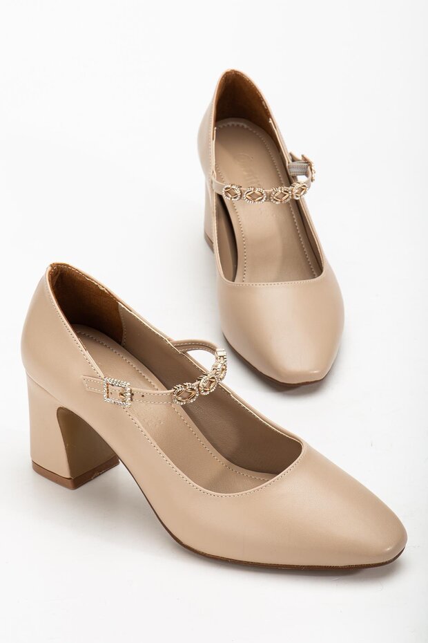 Women's Stiletto Heeled Shoes Beige Faux Leather Hard Hat Stone Thick Heeled