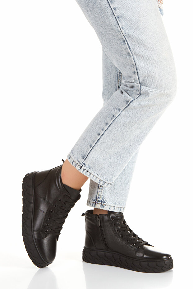 %100 Hakiki Deri Kalın Taban Dikişli Kadın Bot - 4