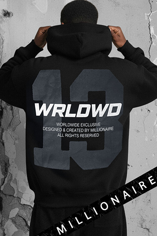 Men's Black 13 Worlwide 3-Thread Fleece Hooded Kangaroo Pocket Oversized Loose Hoodie Sweatshirt