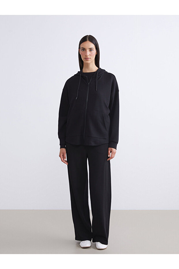 LCW Modest Siyah Kapüşonlu Oversize Kadın Fermuarlı Sweatshirt W5K971Z8 - 2