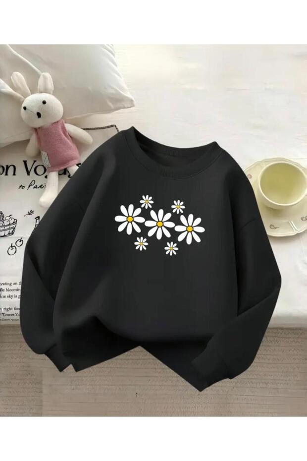 Daisy Print Detailed Crew Neck Sweatshirt with Fleece Inside