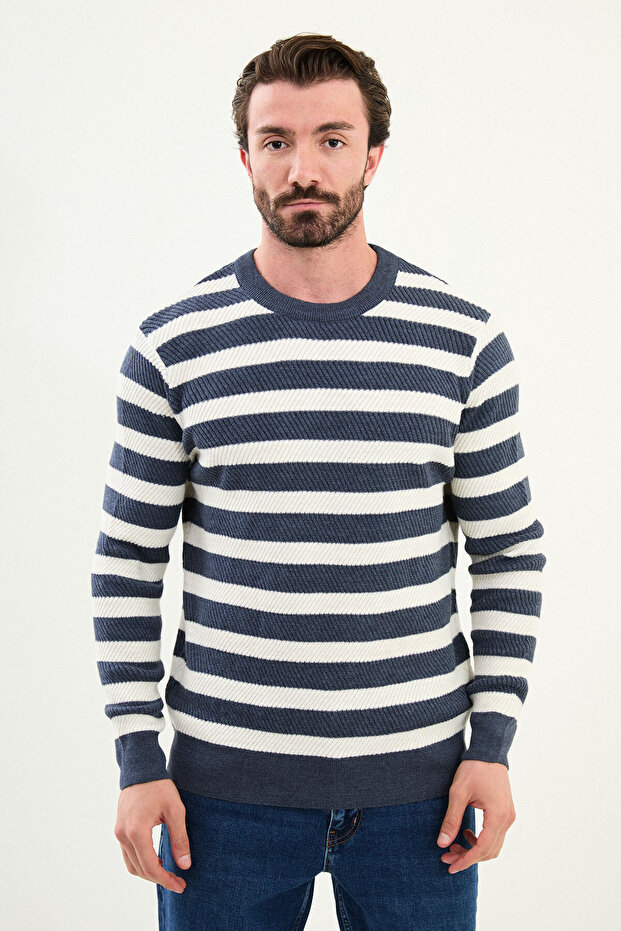 Horizontal Striped Slim Fit Crew Neck Men's Knitwear Indigo-Ecru - 11564.25K