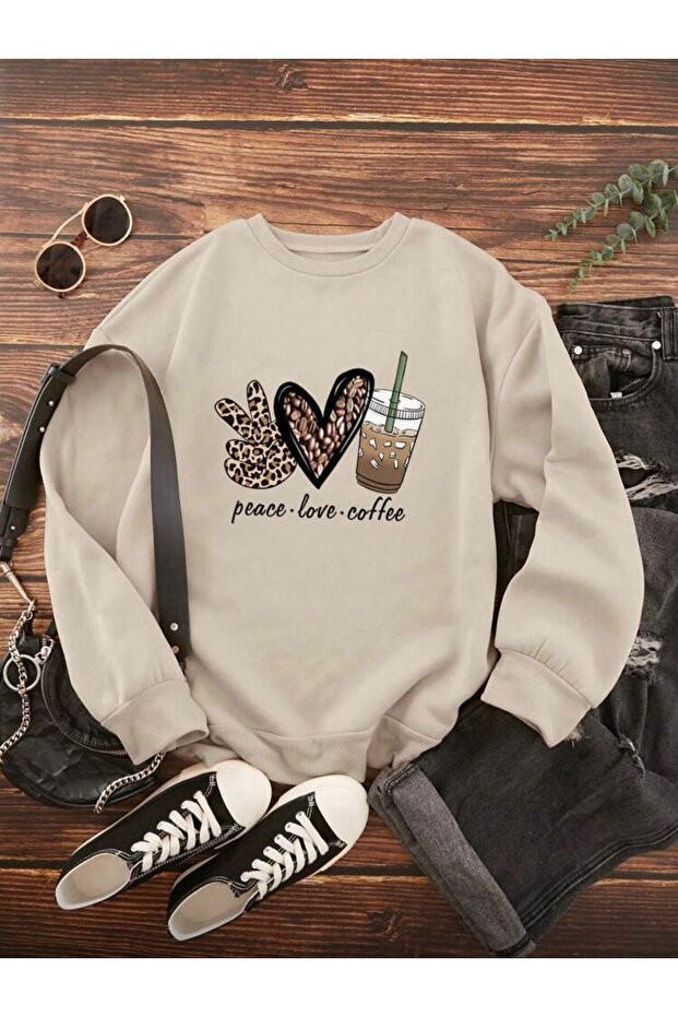 Peace Love Detailed Crew Neck Sweatshirt with Fleece Inside