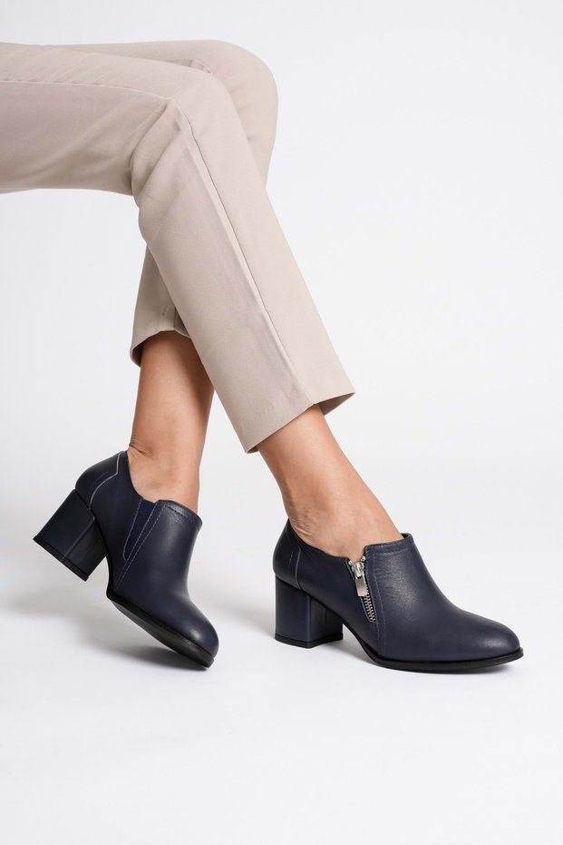 Women's Genuine Leather Zipper Detailed Stylish Heeled Shoes - Navy Blue