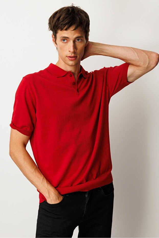 Men's Polo Neck 100% Cotton Short Sleeve Thin Knitwear Red