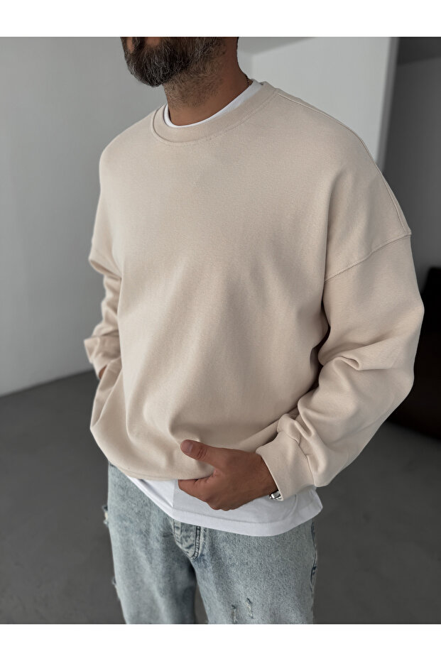 Bej Basic Yıkamalı Sweatshirt YP-5014 - 2