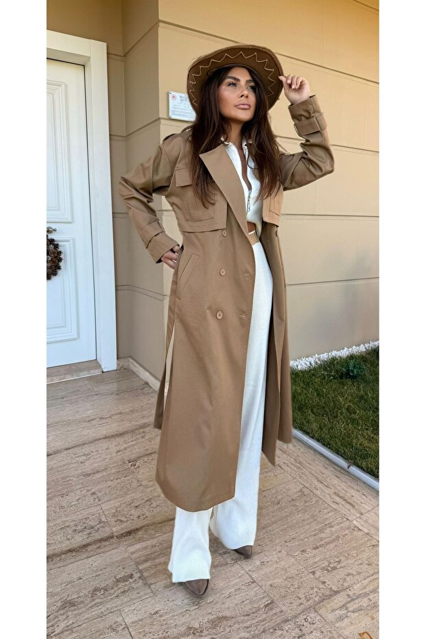 Cep Detaylı Oversize Kuşaklı Trençkot - 3