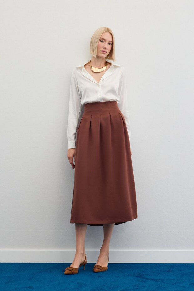 Pleated Midi Skirt - Brown