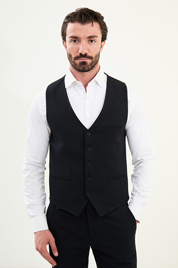 Straight Slim Fit Classic Pocket Detailed Men's Vest Navy Blue - 40949.25K