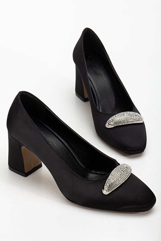 Women's Siletto Heeled Shoes Black Satin Stone Thick Heeled