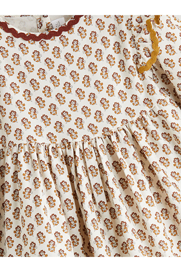 Ekru Çiçekli ve Fırfırlı Kız Çocuk Elbise - 2