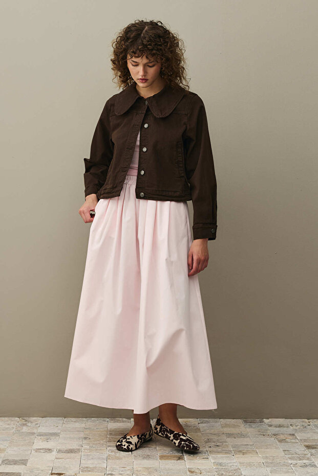 Round Neck Denim Jacket Brown