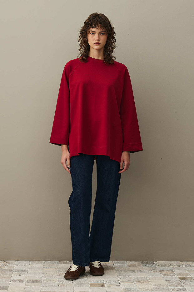 Yırtmaç Detaylı Basic Sweatshirt Bordo - 1