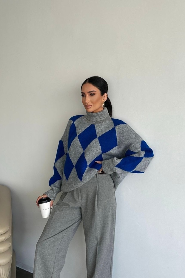 Oversize Baklava Patterned Turtleneck Knitwear Sweater Aw25Kz0051