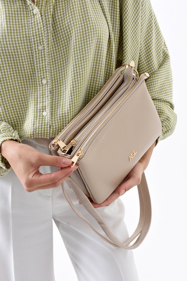 Women's Beige Color 4-Compartment Stylish Shoulder and Crossbody Bag Suitable for Daily Use