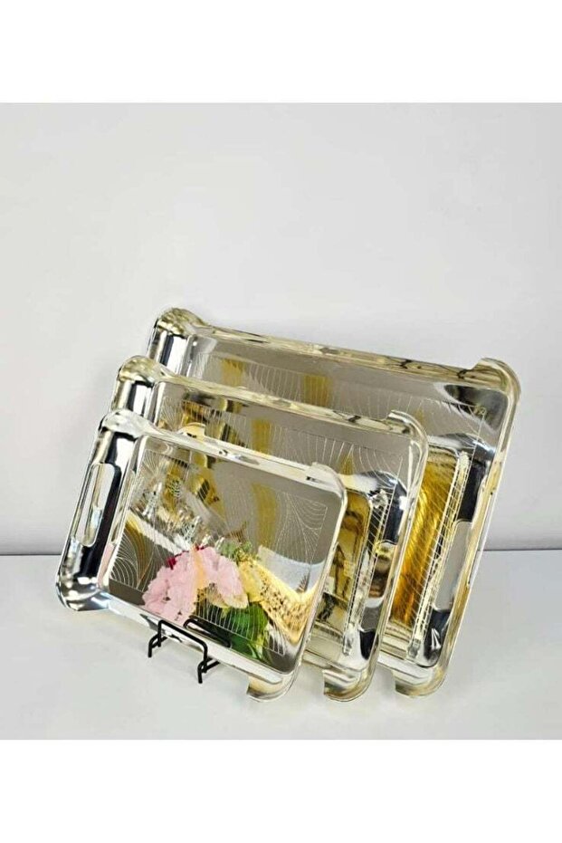 Elegant Gold & Silver Rectangular Serving Tray Set – 3 Pieces – Durable & Stylish Design