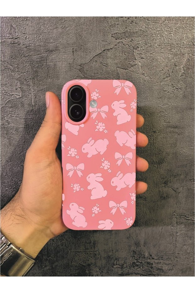 iPhone 17 Compatible Rabbit Patterned Doodle Pink Case