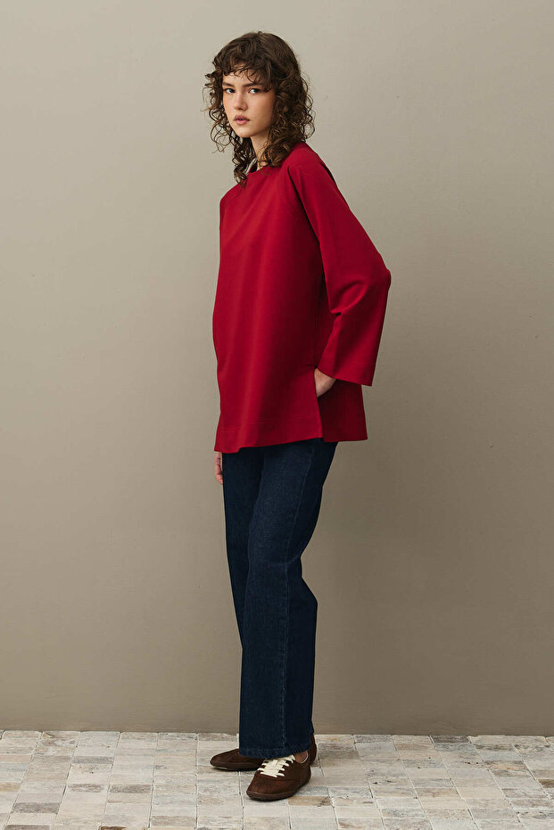 Yırtmaç Detaylı Basic Sweatshirt Bordo - 3