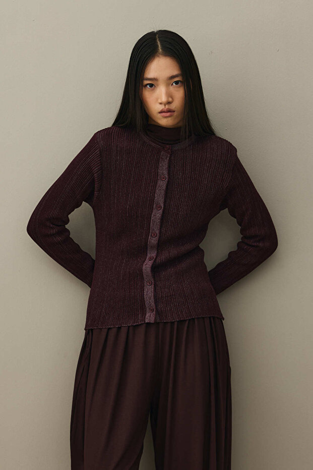 Simli Fitilli Hırka Bordo - 4