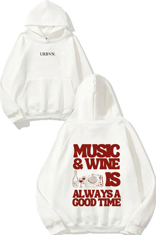 Wine Design Printed Oversize White Hooded Sweatshirt