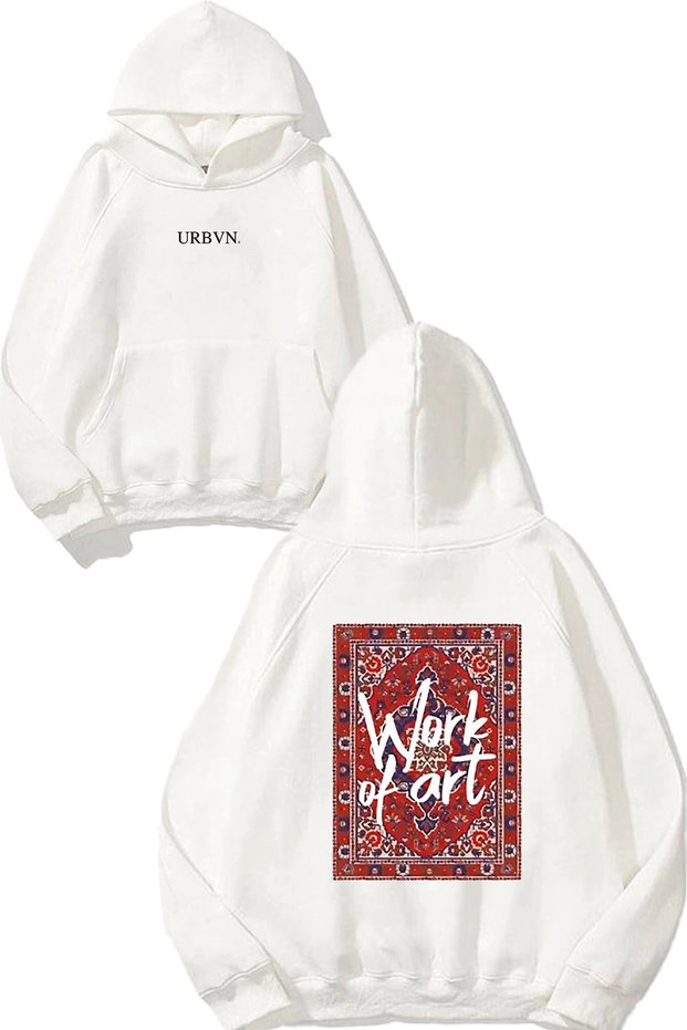 Kilim Motif Design Printed Oversize White Hooded Sweatshirt
