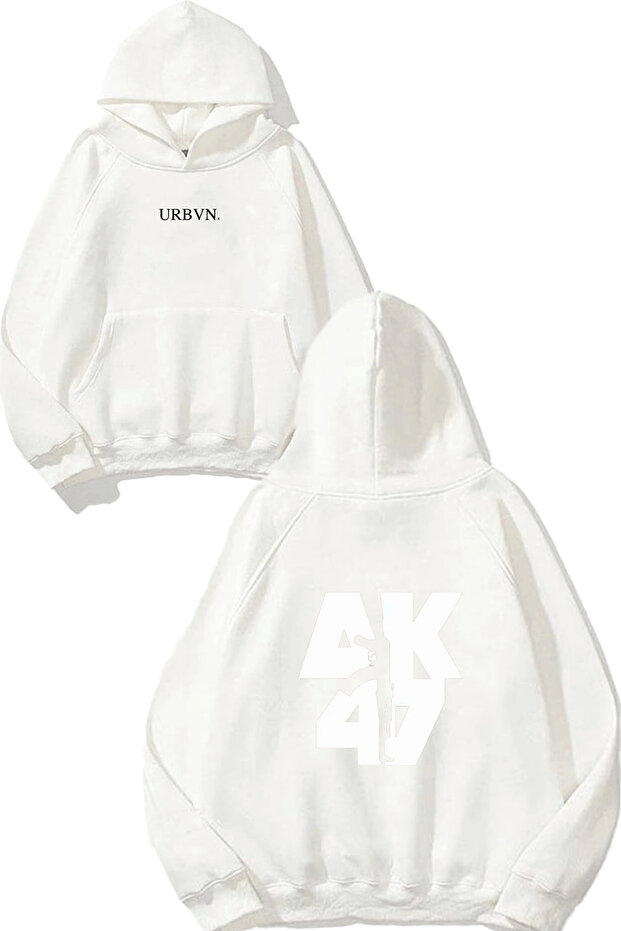 Gun Design Printed Oversize White Hooded Sweatshirt