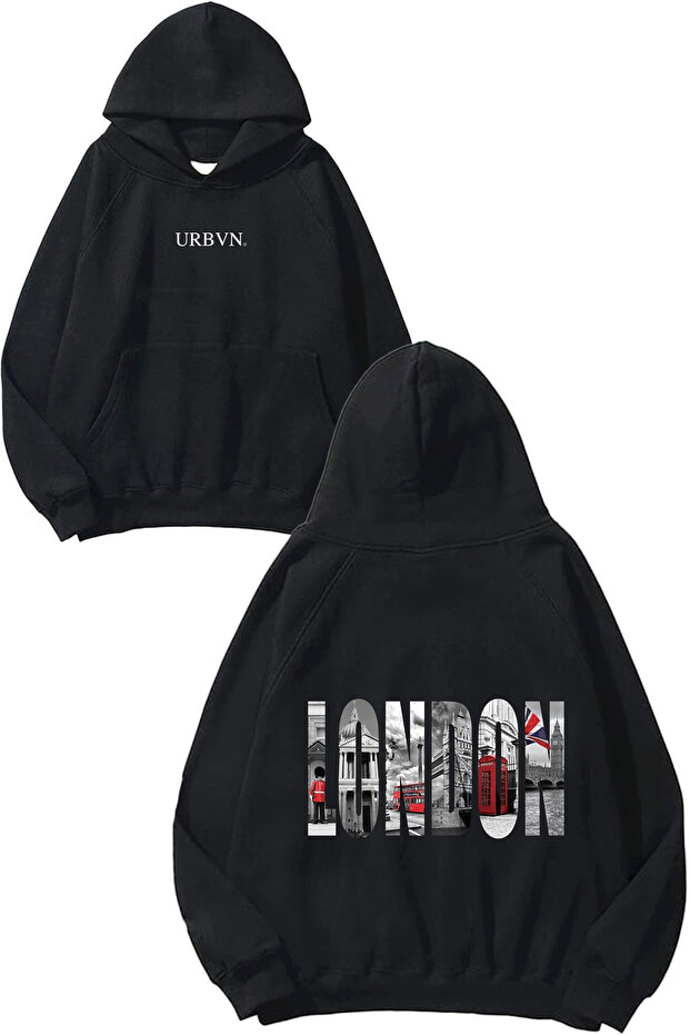 London City Design Printed Oversize Black Hooded Sweatshirt
