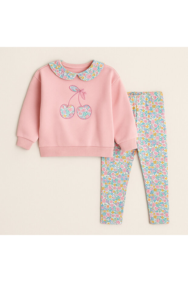 Girl's Cotton Pink Cherry Embroidered Sweatshirt Floral Patterned Pants Set Collar Detail
