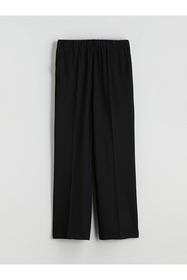 Black Elastic Waist Wide Leg Women's Trousers