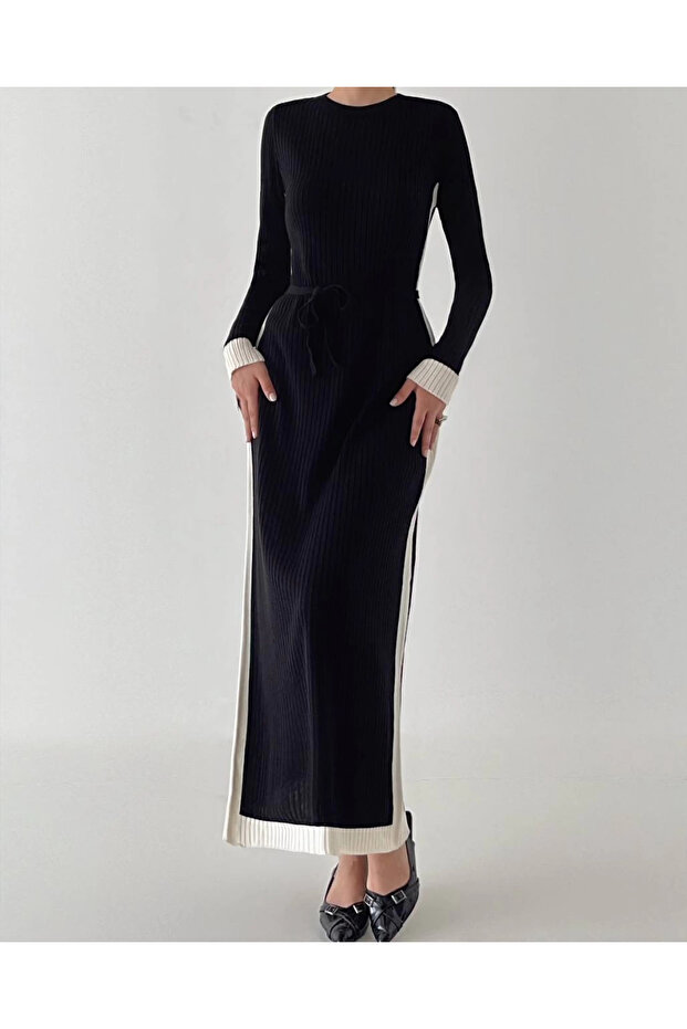 Women's Black Striped Belted Knit Dress