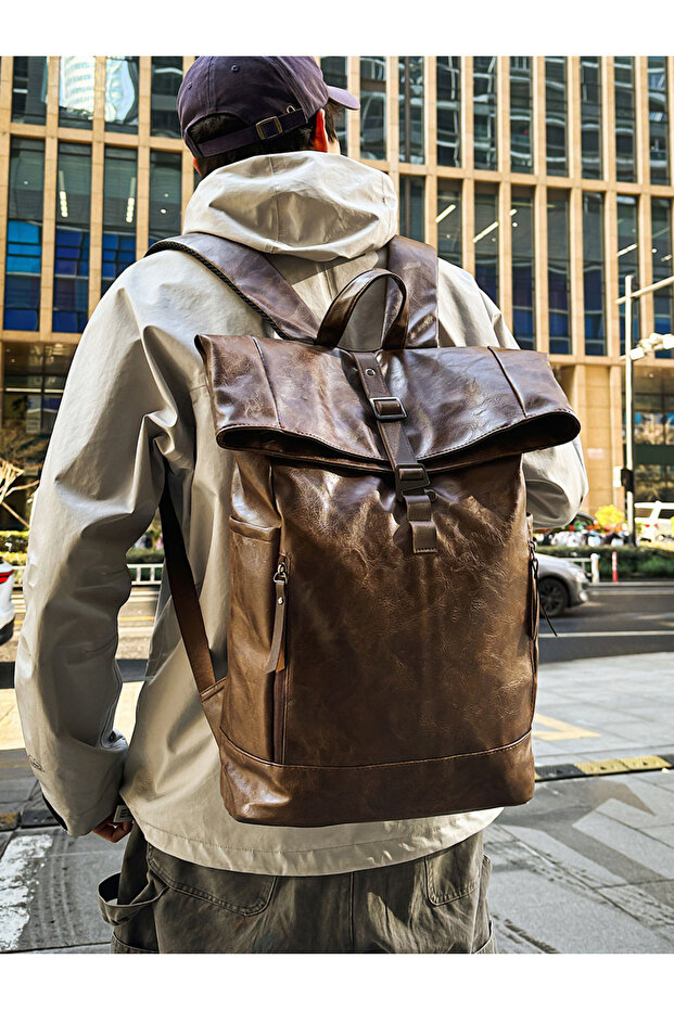 Coffee Brown Leather Flap Closure Backpack