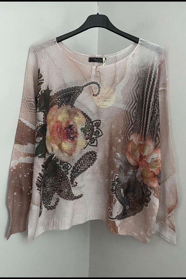 Women's Italian Brown Gilded Shawl Floral Patterned Leaf Detailed Batwing Sleeve Mercerized Blouse Sweater