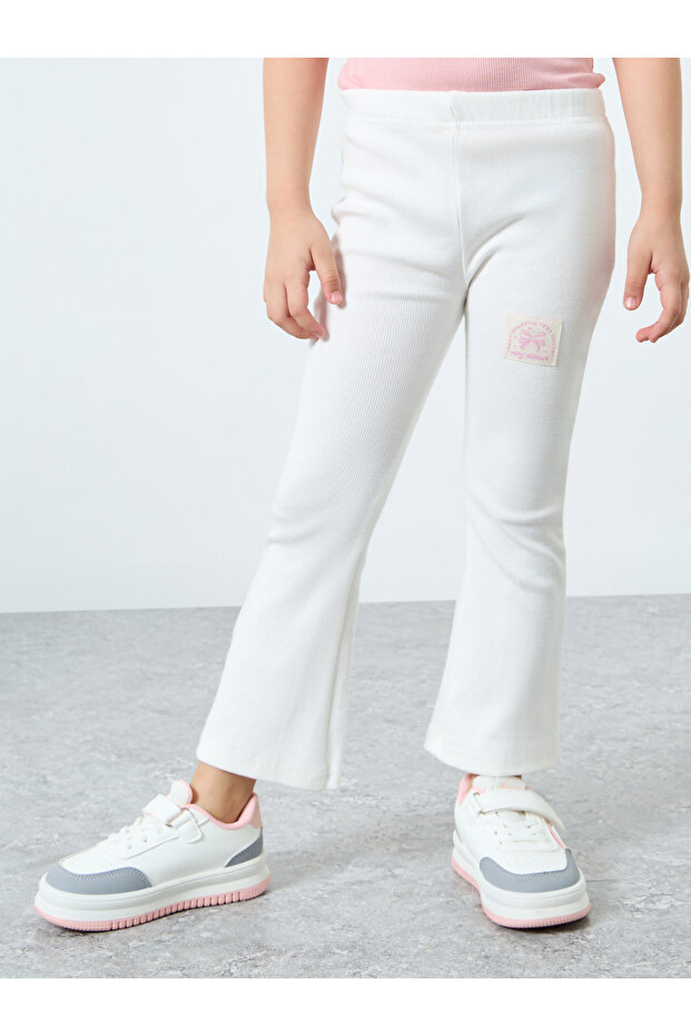 Girls White Ribbed Flared Leggings with Badge