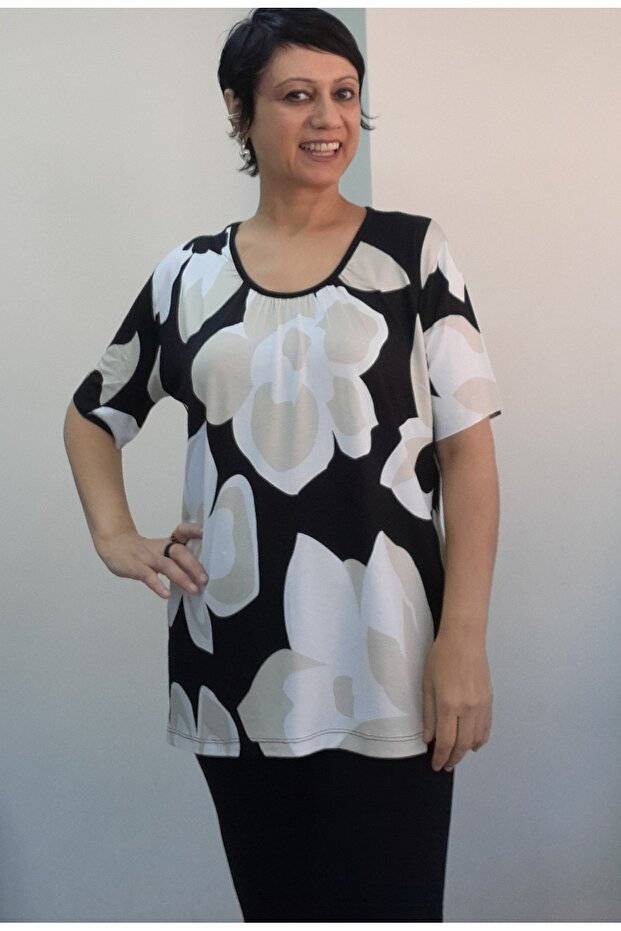 Black and White Ecru Patterned Front-Cinched Short-Sleeved Combed Viscose T-Shirt