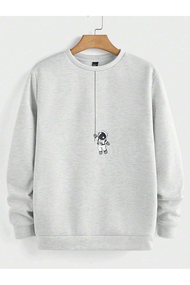 Women's Gray Astronaut Printed Crew Neck Oversize Sweatshirt