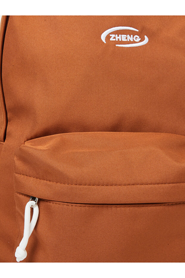 Solid Brown Backpack with Zip Closure - 4