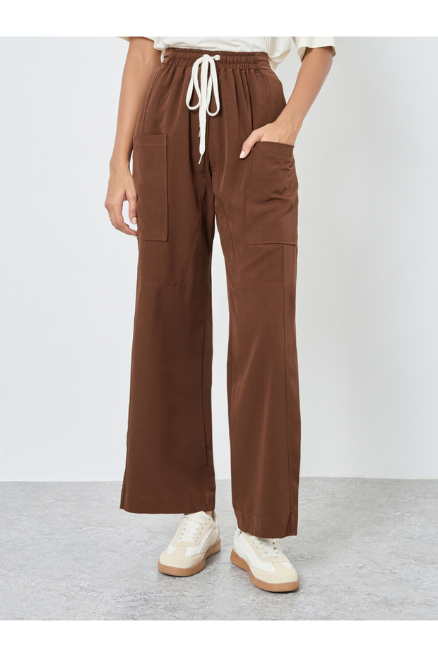 Solid Wide Leg Pants with Drawstring - 3