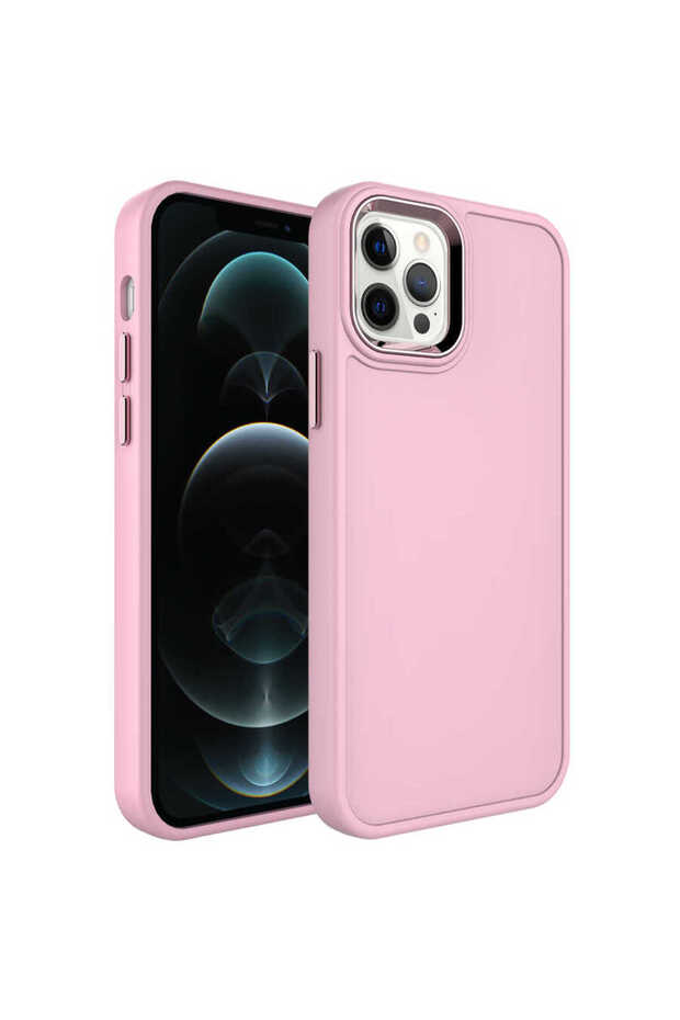 iPhone 13 Pro Max Compatible Metal Frame and Button Design Hard Shrp Botox Case-Pink Light