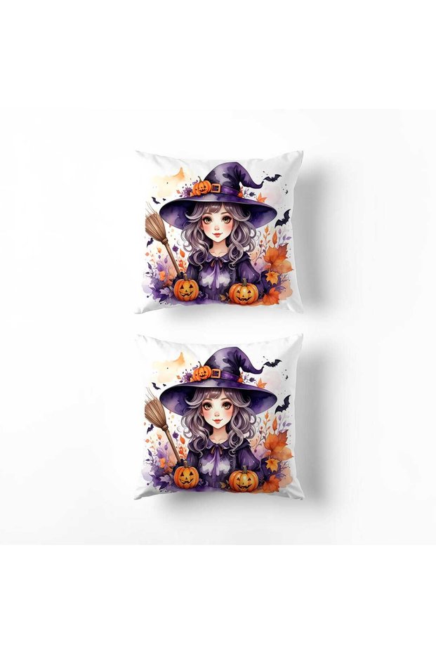 Happy Halloween Witch Pattern Throw Pillow Cover – Decorative Pillowcase Set of 2