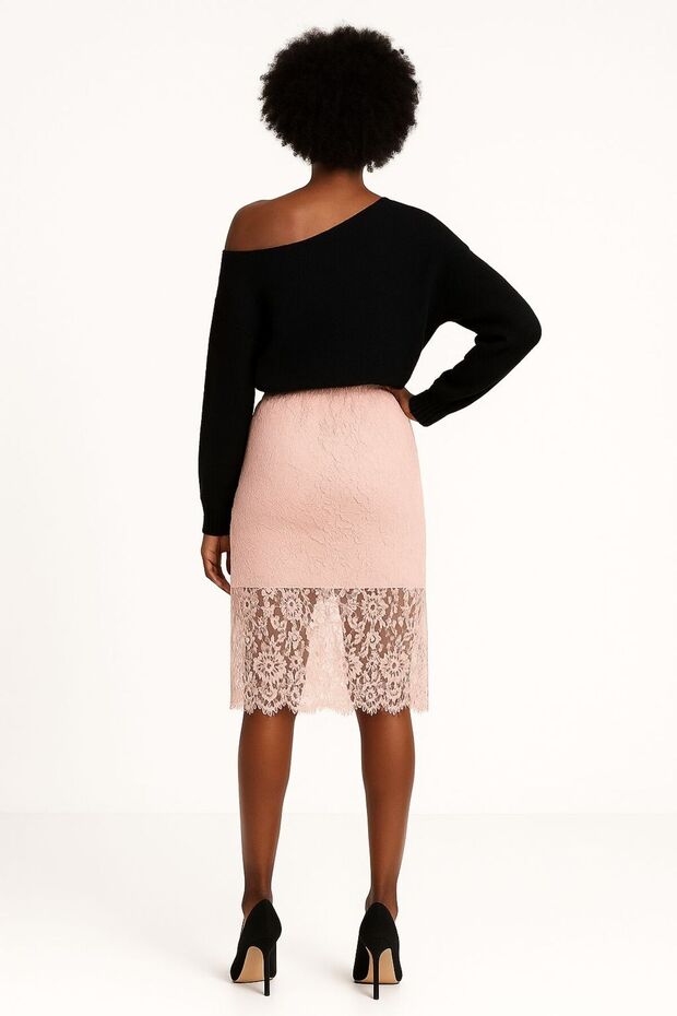 Yüksek Bel Dantel Astarlı Midi Etek - 2