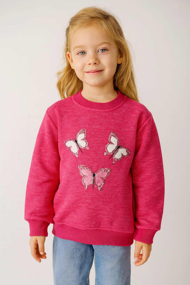 Thick Winter Fleece-Lined Girl's Sweatshirt with Butterfly Embroidery