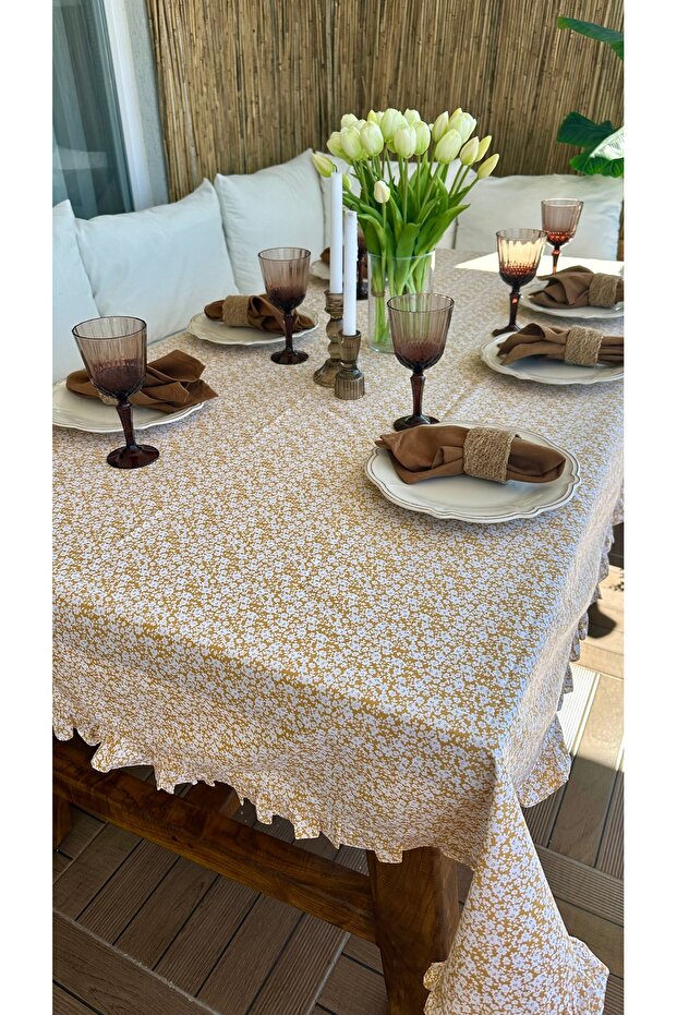 Sarı Mini Çiçekli Fırfırlı Masa Örtüsi - 1